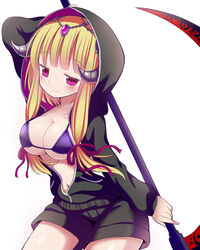  arm_behind_head arm_up bikini bikini_under_clothes black_jacket black_shorts blonde_hair breasts character_request chouhakai!!_barbarossa cleavage closed_mouth collarbone demon_horns female givuchoko hair_ribbon highres holding holding_scythe hood hood_up hooded_jacket horns jacket large_breasts long_hair long_sleeves navel puffy_long_sleeves puffy_sleeves purple_bikini purple_eyes purple_ribbon ribbon scythe short_shorts shorts simple_background sitting smile solo swimsuit very_long_hair white_background 