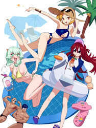  2boys 3girls absurdres barefoot bikini blonde_hair blue_bikini blush bracer breasts chaucer_(some1else45) cocktail cocktail_glass crayon_shin-chan crocs cup doraemon doraemon_(character) drinking drinking_glass english_commentary eyewear_on_headwear flat_chest flexing glasses green_eyes green_hair hat highres hipa_(some1else45) holding holding_cup horns innertube legs long_hair looking_at_viewer loose_bikini lotion male_swimwear medium_breasts multiple_boys multiple_girls muscular muscular_male nahia_(some1else45) navel nohara_shinnosuke nose_blush o-ring o-ring_bikini opaque_glasses open_mouth orange_eyes original palm_tree pikachu pokemon pool rash_guard red_hair sandals sekoshi_(some1else45) side-tie_bikini_bottom some1else45 sparkle star-shaped_eyewear star_(symbol) sun_hat sunglasses sunscreen swim_briefs swim_ring swimsuit tearing_up toes tree visor_cap white_background yellow_bikini 