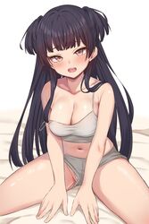  black_hair blunt_bangs blush breasts brown_eyes camisole cleavage commentary female grey_camisole highres idolmaster idolmaster_shiny_colors large_breasts long_hair looking_at_viewer mayuzumi_fuyuko open_mouth panties panties_under_shorts panty_peek short_shorts shorts simple_background sitting solo spread_legs strap_slip symbol-only_commentary two_side_up underwear upshorts ushimizu white_background white_panties 