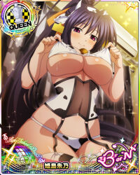  animal_ears animal_print bell bikini black_hair blush breasts card_(medium) chess_piece cow_ears cow_horns cow_print fake_animal_ears fake_horns female garter_straps hair_between_eyes heart high_school_dxd high_school_dxd_born himejima_akeno horns large_breasts navel neck_bell official_art ponytail purple_eyes queen_(chess) smile solo swimsuit thighhighs 