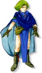  1boy artist_request blue_cape boey_(fire_emblem) boots brown_footwear brown_gloves cape circlet fire_emblem fire_emblem_gaiden full_body gloves green_hair looking_at_viewer male_focus official_art outstretched_arms short_hair simple_background smile standing transparent_background 