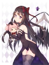  akemi_homura akuma_homura argyle_clothes argyle_legwear backless_outfit bare_shoulders black_gloves black_hair character_doll dark_orb_(madoka_magica) elbow_gloves female gloves hair_ribbon highres hugging_doll hugging_object kaname_madoka looking_at_viewer mahou_shoujo_madoka_magica mahou_shoujo_madoka_magica:_hangyaku_no_monogatari mochiko_(uyu_omochi) purple_eyes red_ribbon ribbon showgirl_skirt solo thighhighs wings 