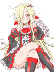  ahoge bare_shoulders black_dress black_footwear black_sleeves blonde_hair blush boots chouhakai!!_barbarossa closed_mouth crossed_legs detached_sleeves dress feet_out_of_frame female frilled_dress frilled_sleeves frills givuchoko hair_over_one_eye hand_up highres juliet_sleeves knee_boots long_hair long_sleeves pointy_ears puffy_sleeves red_eyes rine_(chouhakai!!_barbarossa) simple_background sleeveless sleeveless_dress smile solo very_long_hair white_background 