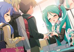  2boys 2girls =_= aqua_hair backpack bag blue_hair blush closed_eyes commentary_request convention cosplay detached_sleeves flying_sweatdrops grey_jacket grey_shirt hair_ornament hatsune_miku hatsune_miku_(cosplay) headphones hiiragi_kagami ichimi_renge izumi_konata jacket long_hair long_sleeves lucky_star manga_(object) multiple_boys multiple_girls necktie parted_lips pornography queue revision second-party_source shirt star_(symbol) sweat table track_jacket twintails very_long_hair vocaloid yellow_jacket 