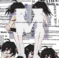  black_eyes black_hair closed_mouth english_text fake_transparency female hair_ornament highres multiple_views nude original simple_background skirt standing vanii white_background 