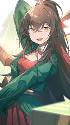  :d arknights arm_up breasts brown_hair commentary cowboy_shot dress female green_jacket highres jacket kafka_(arknights) kafka_(cardboard_fairy)_(arknights) kiyakyuu long_hair long_sleeves looking_at_viewer medium_breasts official_alternate_costume red_dress smile solo standing very_long_hair yellow_eyes 