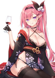  :q absurdres alcohol bare_shoulders black_choker black_gloves black_kimono black_panties black_ribbon black_thighhighs blush breasts choker cleavage closed_mouth collarbone commentary_request criss-cross_halter cup drinking_glass elf female flower gloves groin hair_flower hair_ornament hair_ribbon half_gloves halterneck highres holding holding_cup japanese_clothes kimono kiri_celea lace-trimmed_legwear lace_trim long_hair long_sleeves looking_at_viewer medium_breasts obi off_shoulder one_side_up original panties pink_hair pointy_ears purple_eyes ribbon sash side-tie_panties simple_background smile solo thighhighs tongue tongue_out underwear very_long_hair white_background white_flower wide_sleeves wine wine_glass 