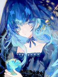  apple blue_apple blue_eyes blue_hair collarbone colored_skin dress female food fruit holding holding_food holding_fruit juexing_(moemoe3345) long_hair looking_at_viewer neck_ribbon open_mouth original ribbon solo watermark white_skin 