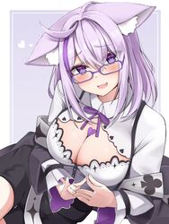  :d ahoge animal_ear_fluff animal_ears black_coat blush breasts cat_ears cat_girl chest_tattoo cleavage cleavage_cutout clothing_cutout coat commentary female grey_background heart heart_on_chest heart_tattoo highres hololive large_breasts long_hair long_sleeves looking_at_viewer lying micon neck_ribbon nekomata_okayu nekomata_okayu_(wonderland) oerba_yun_fang off_shoulder official_alternate_costume on_side purple-framed_eyewear purple_eyes purple_hair purple_ribbon ribbon skin_fang smile solo tattoo two-tone_background virtual_youtuber white_background 