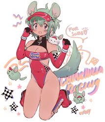  animal ashton_marten_(vtuber) blue_eyes borrowed_character breasts checkered_flag chinchilla_(animal) chinchilla_ears chinchilla_girl chinchilla_tail cleavage_cutout clothing_cutout elbow_gloves english_text female flag full_body gloves green_hair hands_up hat headset indie_virtual_youtuber kneeling lapithai leotard looking_at_viewer medium_breasts medium_hair microphone o-ring open_mouth red_footwear red_gloves red_hat red_leotard roller_skates simple_background sitting skates sleeveless solo star_(symbol) virtual_youtuber visor_cap wariza white_background 