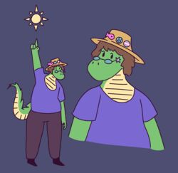  anthro clothed clothing crocodilian digital_media_(artwork) eyewear fishing_hat gesture glasses hand_gesture hi_res looking_at_viewer male pointing reptile scalie simple_background solo tail thegunkster 