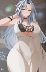  :3 absurdres arm_at_side azur_lane black_bra black_choker blurry blurry_background bra bracelet breasts chkalov_(azur_lane) choker cleavage closed_mouth commission covered_navel dress female grey_hair hair_between_eyes hair_ornament hand_in_own_hair highres jewelry large_breasts long_hair looking_at_viewer parted_bangs riflech sidelocks single_bare_arm smile solo standing star_(symbol) star_hair_ornament underwear white_dress yellow_eyes 