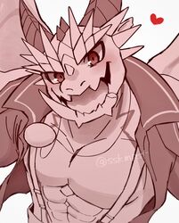  abs anthro bare_chest blush dragon heart_symbol hi_res horn lifewonders looking_at_viewer male muscular muscular_anthro muscular_male mythological_creature mythological_scalie mythology ophion_(tas) pecs scalie smile solo sskmpst suspenders tokyo_afterschool_summoners wings 