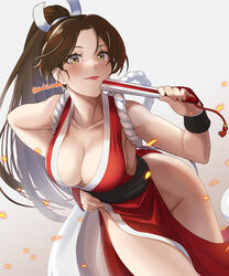  arm_guards bare_shoulders breasts brown_hair cleavage collarbone cowboy_shot downblouse fatal_fury female folded_fan folding_fan hand_fan high_ponytail highres holding holding_fan ivuki japanese_clothes lipstick looking_at_viewer makeup no_bra pelvic_curtain revealing_clothes shiranui_mai smile snk solo the_king_of_fighters thighs twitter_username 