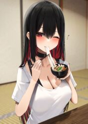  absurdres amane_sora black_choker black_hair blurry blurry_background blush bowl breasts choker chopsticks cleavage collarbone colored_inner_hair commentary_request double-parted_bangs female food food_in_mouth food_request hair_between_eyes heart heart-shaped_pupils highres holding holding_bowl holding_chopsticks indoors kotatsu large_breasts long_hair mochi mochi_trail mole mole_on_breast mole_under_mouth multicolored_hair one_eye_closed original red_eyes red_hair shirt short_sleeves shouji sitting sliding_doors solo symbol-shaped_pupils table tatami upper_body white_shirt 