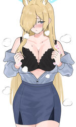  animal_ear_fluff animal_ears black_bra black_pantyhose blonde_hair blue_archive blue_eyes blue_halo blue_shirt blue_skirt blush bra breasts cleavage collarbone cowboy_shot dog_ears female hair_over_one_eye halo highres kanna_(blue_archive) large_breasts long_hair long_sleeves open_mouth pantyhose shirt simple_background skirt solo tsumayouji_(tumayog) underwear white_background 