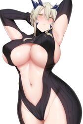  arind_yudha armpits arms_up artoria_pendragon_(fate) artoria_pendragon_(lancer_alter)_(fate) black_bodysuit blonde_hair blush bodysuit braid breasts center_opening fate/grand_order fate_(series) female french_braid hair_between_eyes highres horns large_breasts long_hair looking_at_viewer navel revealing_clothes ribbed_bodysuit sideboob sidelocks solo thighs underboob yellow_eyes 