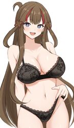  +_+ :d bare_shoulders black_bra black_panties blue_eyes blush bra breasts brown_hair cleavage collarbone commentary earrings female flower-shaped_pupils groin hair_ornament highres jewelry large_breasts long_hair looking_at_viewer multicolored_hair navel open_mouth paid_reward_available panties senran_kagura simple_background single_earring smile solo streaked_hair surippa1010 symbol-shaped_pupils teeth thighs toki_(senran_kagura) underwear underwear_only upper_teeth_only very_long_hair white_background 