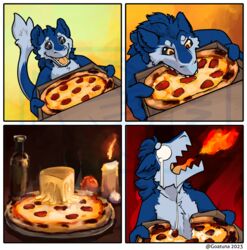  4_panel_comic anthro breath_powers elemental_manipulation fire fire_breathing fire_manipulation food goatuna hi_res humor male pizza sergal solo 