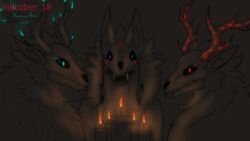  16:9 american_mythology anthro antlers blue_eyes bone candle fangs female fur glowing glowing_eyes glowing_markings group hi_res horn hunamarts indigenous_north_american_mythology looking_at_viewer lost_(skulldog) male male/female mane markings mythology north_american_mythology nyx_(wendigo) red_eyes skull skull_head skulldog_(species) teeth trio vera_(wendigo) wendigo widescreen 