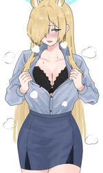  animal_ear_fluff animal_ears black_bra black_pantyhose blonde_hair blue_archive blue_eyes blue_halo blue_shirt blue_skirt blush bra breasts cleavage collarbone cowboy_shot dog_ears female hair_over_one_eye halo highres kanna_(blue_archive) large_breasts long_hair long_sleeves open_mouth pantyhose shirt simple_background skirt solo tsumayouji_(tumayog) underwear white_background 