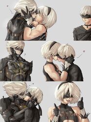  2b_(nier:automata) 2boys 9s_(nier:automata) absurdres back_cutout black_blindfold black_choker black_hairband blindfold choker clothing_cutout covered_eyes cyborg english_commentary eyepatch feather_trim female hairband hand_on_another&#039;s_face highres kissing mechanical_parts metal_gear_(series) metal_gear_rising:_revengeance mole mole_under_mouth multiple_boys muscular muscular_female nier:automata nier_(series) raiden_(metal_gear) short_hair smile straight thumbs_up yaoi yoracrab 