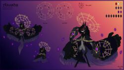  16:9 4_hands absurd_res anthro azusha_(hunam) black_hair eyewear fangs feathers glasses grey_body hair halo hi_res horn hunamarts model_sheet multi_eye multi_hand red_eyewear red_glasses red_horn runes scarfox solo teeth widescreen wisps 