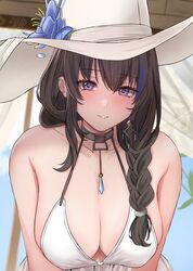  bikini black_hair blue_flower blue_hair blush braid breasts cleavage earrings female flower goddess_of_victory:_nikke hair_over_shoulder hand_on_headwear hat hat_flower highres jewelry large_breasts large_hat lips long_hair mary_(bay_goddess)_(nikke) mary_(nikke) multicolored_hair navel necklace official_alternate_costume parted_lips peli_cantaro smile solo streaked_hair sun_hat swimsuit swimsuit_cover-up unusually_open_eyes white_bikini white_hat 