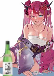  absurdres blue_eyes blush bottle breasts chest_sarashi choko_(cup) cleavage cup drunk female flower hair_flower hair_ornament heterochromia highres hololive hololive_english irys_(hololive) irys_(new_year)_(hololive) japanese_clothes kimono large_breasts long_hair looking_at_viewer multicolored_hair official_alternate_costume open_mouth pink_eyes pink_kimono pointy_ears purple_hair purple_kimono red_hair sake_bottle sarashi shift_(shiftillust) solo teeth twintails two-tone_hair two-tone_kimono upper_teeth_only virtual_youtuber white_background 