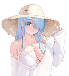  absurdres alternate_breast_size alternate_costume bikini blue_archive blue_eyes blue_hair blunt_bangs blush braid breasts chinese_commentary closed_mouth commentary_request female general_student_council_president_(blue_archive) hair_over_one_eye hand_up hat highres large_breasts liwen520 long_hair looking_at_viewer multicolored_hair one_eye_covered pink_hair simple_background single_braid sleeves_past_wrists smile solo straw_hat streaked_hair swimsuit upper_body white_background white_bikini 