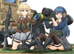  2girls absurdres anti-tank_missile assault_rifle black_footwear black_socks black_thighhighs blazer blonde_hair blue_eyes blue_hair blue_necktie blue_sweater boots brown_footwear brown_jacket closed_mouth combat_boots commentary_request cross-laced_footwear dress_shirt ear_protection explosive frown grenade grey_skirt gun hair_tie harness highres holding holding_weapon humvee jacket kneehighs kneeling lace-up_boots long_hair long_sleeves looking_at_another looking_at_viewer low_twintails m16 m47_dragon medium_hair mikeran_(mikelan) miniskirt motor_vehicle multiple_girls necktie on_ground on_shoulder one_eye_closed open_mouth orange_eyes original plaid plaid_skirt pleated_skirt pointing red_necktie rifle school_uniform shadow shirt shoes sitting skirt sleeves_rolled_up smile socks sweater thigh_strap thighhighs tripod twintails v-neck weapon white_background white_shirt wing_collar 