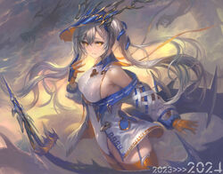  2024 blue_garter_straps breasts chinese_zodiac cowboy_shot dragon dragon_girl dragon_tail eastern_dragon female from_side gloves gold_trim grey_hair highleg highleg_leotard large_breasts leotard long_hair looking_at_viewer looking_to_the_side off_shoulder orange_gloves orange_thighhighs original partially_fingerless_gloves sideboob solo tail thighhighs very_long_hair white_leotard year_of_the_dragon yoshiku_(oden-usagi) 