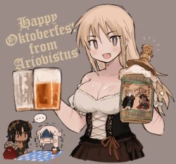  &gt;:) ... 3girls :d alcohol apron barmaid beer beer_mug blonde_hair bodice breasts bright_pupils brown_apron brown_background brown_eyes brown_pupils cape chibi chibi_inset cleavage cropped_torso cup dark-skinned_female dark_skin dirndl dress drink fangs german_clothes hands_up holding holding_cup holding_drink lapithai laurel_crown long_hair looking_at_viewer medium_breasts mug multiple_girls off-shoulder_dress off_shoulder oktoberfest open_mouth original puffy_short_sleeves puffy_sleeves red_cape scar scar_on_arm scar_on_breasts scar_on_shoulder short_sleeves simple_background smile spoken_ellipsis turn_pale v-shaped_eyebrows waist_apron 