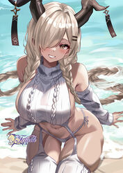  absurdly_long_hair alternate_costume artist_name azur_lane bare_shoulders beach blonde_hair braid breasts cable_knit cowboy_shot day detached_sleeves english_commentary felielle female garter_straps hair_ornament hair_over_one_eye highres horn_ornament horns large_horns long_hair long_sleeves meme_attire mole mole_under_mouth navel outdoors owari_(azur_lane) panties ribbed_panties ribbed_sleeves ribbed_thighhighs side-tie_panties sideboob sitting smile solo sweater thigh_gap twin_braids underwear very_long_hair virgin_destroyer_sweater water white_garter_straps white_panties white_sweater 