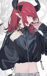  black_jacket black_nails collar_tug crop_top cropped_jacket demon_horns earrings female finger_to_mouth highres horns jacket jewelry looking_at_viewer medium_hair midriff nail_polish neck_tattoo original parted_lips pointy_ears profile purple_eyes red_hair shugao solo tattoo twitter_username upper_body 