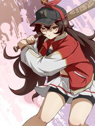  :o absurdres alternate_costume amber_(genshin_impact) baseball_bat baseball_cap bike_shorts black_hat black_shorts brown_eyes brown_hair chinese_commentary commentary_request crop_top feet_out_of_frame female genshin_impact hat headphones headphones_over_headwear heshandepingtouge highres holding holding_baseball_bat jacket long_hair looking_at_viewer midriff miniskirt navel open_clothes open_jacket parted_lips pleated_skirt red_jacket red_ribbon ribbon shorts shorts_under_skirt skirt solo thighs very_long_hair white_skirt 