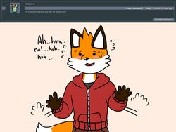  2018 4:3 5_fingers anthro ask_blog batspid2 black_eyes black_nose blush blush_lines bodily_fluids bottomwear brown_body brown_bottomwear brown_clothing brown_fur canid canine clothing digital_drawing_(artwork) digital_media_(artwork) dot_eyes ear_markings english_text exclamation_point eyelashes facial_tuft fingers flat_colors flustered fox front_view fur glistening glistening_nose grey_clothing grey_topwear hoodie looking_at_viewer male mammal markings max_(batspid2) motion_blur motion_lines multicolored_body multicolored_fur nervous_sweat open_mouth orange_body orange_fur pants pink_blush pink_tongue red_clothing red_topwear simple_background solo sweat sweatdrop sweatdrop_(iconography) sweatshirt tail tail_markings tail_tuft text tongue topwear tuft white_body white_fur 