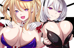  2girls akeyama_kitsune animal_ears azur_lane black_leotard blonde_hair blue_leotard breasts commentary_request fake_animal_ears gloves gradient_eyes guam_(azur_lane) guam_(stage-setting_charmer)_(azur_lane) heart heart_tattoo huge_breasts leotard long_hair looking_at_viewer mole mole_under_mouth multicolored_eyes multiple_girls official_alternate_costume open_mouth playboy_bunny purple_eyes rabbit_ears san_jacinto_(azur_lane) san_jacinto_(flavor_of_the_day)_(azur_lane) star-shaped_pupils star_(symbol) strapless strapless_leotard symbol-shaped_pupils tattoo upper_body white_gloves 