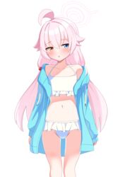  :o absurdres ahoge bikini blue_archive blue_eyes blue_jacket commentary frilled_bikini frills hair_bobbles hair_ornament halo heterochromia highres hoshino_(blue_archive) hoshino_(swimsuit)_(blue_archive) jacket long_sleeves looking_to_the_side low_twintails navel official_alternate_costume open_clothes open_jacket pink_hair pink_halo simple_background standing swimsuit twintails white_background white_bikini white_halo yellow_eyes yunoyuno 