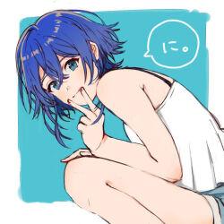  blue_background blue_eyes blue_hair female gh_(swamparrow) hair_between_eyes misakino_kukuru shiroi_suna_no_aquatope shirt short_hair sleeveless sleeveless_shirt solo speech_bubble squatting white_shirt 