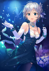  absurdres anastasia_(idolmaster) ashita_(2010) bare_shoulders blue_background blue_butterfly blue_dress blue_eyes blue_ribbon blush breasts bug butterfly butterfly_hair_ornament cleavage collarbone detached_collar dress earrings elbow_gloves female flower gloves grey_hair hair_ornament hair_ribbon highres idolmaster idolmaster_cinderella_girls jewelry looking_at_viewer medium_breasts necklace open_mouth pendant ribbon rose short_hair smile solo sparkle white_gloves 