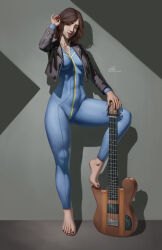  barefoot black_eyes black_jacket black_nails blue_jumpsuit breasts brown_hair commission daek64 electric_guitar english_commentary fallout_(series) fallout_4 female full_body guitar highres instrument jacket jumpsuit long_sleeves medium_breasts nail_polish shadow short_hair solo standing standing_on_one_leg tiptoes toenail_polish toenails toes vault_girl 