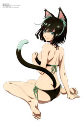  absurdres animal_ears ass back bare_shoulders bikini black_bikini black_hair breasts cat_ears cat_tail female highres isekai_shikkaku looking_at_viewer looking_back magazine_scan megami_magazine official_art scan short_hair side-tie_bikini_bottom sideboob simple_background sitting smile swimsuit tail tama_(isekai_shikkaku) thighs wariza white_background 