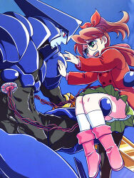  1boy android arm_blade armor asagi_marin blue_background blue_skin bow brigadoon brown_hair coat colored_skin day eye_contact female glasses green_skirt hairbow hood hood_down hooded_coat kneehighs long_sleeves looking_at_another mecha_on_girl melan_blue mezutoron outdoors panties pink_footwear ponytail red_coat red_eyes robot skirt socks straight underwear weapon white_panties white_socks 