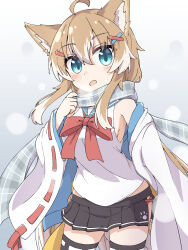  adjusting_scarf ahoge animal_ear_fluff animal_ears black_skirt black_thighhighs blue_background blue_eyes blue_jacket blue_sailor_collar blush bow bowtie breasts breath brown_hair colored_tips cowboy_shot dot_nose female gradient_background grey_scarf hair_between_eyes hair_ornament hairclip hand_up highres jacket long_hair looking_at_viewer medium_breasts microskirt multicolored_hair open_mouth original paw_print plaid_clothes plaid_scarf red_bow red_bowtie red_ribbon ribbon ribbon-trimmed_sleeves ribbon_trim sailor_collar scarf shirt sidelocks skirt sleeveless sleeveless_shirt snow solo standing thighhighs toramaru2001710 two-sided_fabric two-sided_jacket very_long_hair white_background white_hair white_jacket white_shirt wide_sleeves 