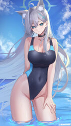  animal_ear_fluff animal_ears bare_shoulders black_one-piece_swimsuit blue_archive blue_eyes blue_one-piece_swimsuit blue_sky blush breasts choker cleavage collarbone commentary covered_navel cross_hair_ornament extra_ears female grey_hair hair_ornament halo highleg highleg_one-piece_swimsuit highres ironatsuki large_breasts long_hair looking_at_viewer multicolored_clothes multicolored_swimsuit one-piece_swimsuit shiroko_(blue_archive) shiroko_(swimsuit)_(blue_archive) shiroko_terror_(blue_archive) sidelocks sky solo swimsuit thighs wading water wet wolf_ears 