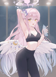  absurdres angel_wings arm_up armpits black_pants black_sports_bra blue_archive bottle breasts cleavage collarbone commentary_request cowboy_shot cropped_legs feathered_wings female glint hair_between_eyes hair_bun halo highres long_hair looking_at_viewer low_wings midriff mika_(blue_archive) navel open_mouth pants pink_hair pink_halo scrunchie sidelocks single_side_bun sleeveless solo sports_bra sweat water_bottle white_wings wing_ornament wings yagen_(user_mxur3238) yellow_eyes yoga_pants 