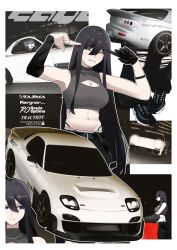  ^_^ absurdres blue_eyes blush breasts car cleavage_cutout closed_eyes clothing_cutout cropped_shirt crossed_arms detached_sleeves driving english_commentary female frown gloves glowing grey_shirt hair_between_eyes highres holeecrab jewelry looking_to_the_side mazda mazda_rx-7 mazda_rx-7_fd medium_breasts midriff morisaki_sayaka motor_vehicle multiple_views navel necklace night original pointing pointing_at_self right-hand_drive shirt single_detached_sleeve single_glove sitting sleeveless sleeveless_shirt smile sports_car vehicle_focus 