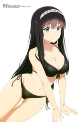  absurdres bare_shoulders bikini black_bikini black_hair breasts cleavage female gimai_seikatsu green_eyes hairband highres large_breasts long_hair looking_at_viewer magazine_scan megami_magazine midriff navel official_art scan side-tie_bikini_bottom simple_background smile swimsuit thighs very_long_hair white_hairband yomiuri_shiori 