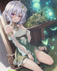  antenna_hair bare_shoulders between_legs blush breasts detached_sleeves dress elf female flower foot_out_of_frame green_dress hair_between_eyes hair_flower hair_ornament halterneck hand_between_legs hand_on_own_chest hand_up kokkoro_(princess_connect!) looking_at_viewer microdress no_socks open_mouth outdoors pointy_ears princess_connect! purple_eyes ru_roiroiro sandals see-through see-through_sleeves short_hair sitting sleeveless small_breasts smile solo thighs three_quarter_view toes wavy_hair white_flower white_hair 